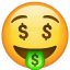 Emoticono con el símbolo del dólar en los ojos U+1F911